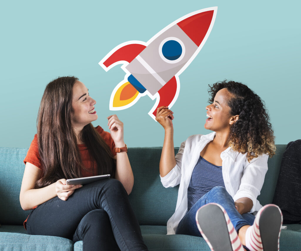 cheerful women holding rocket icon