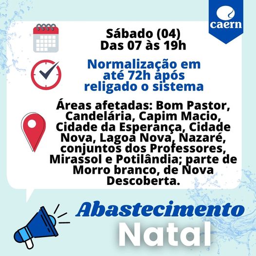 Caern deixará doze bairros de Natal sem água neste sábado