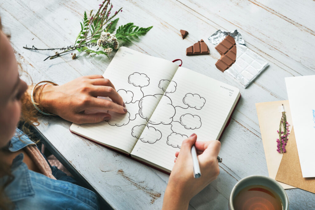 young creative woman drawing mind map