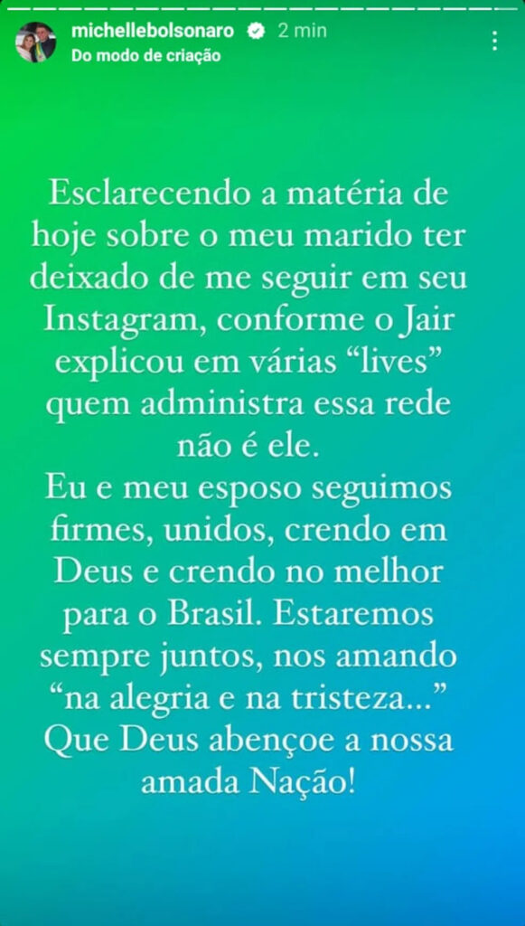 Michelle posta explicação sobre unfollow de Bolsonaro