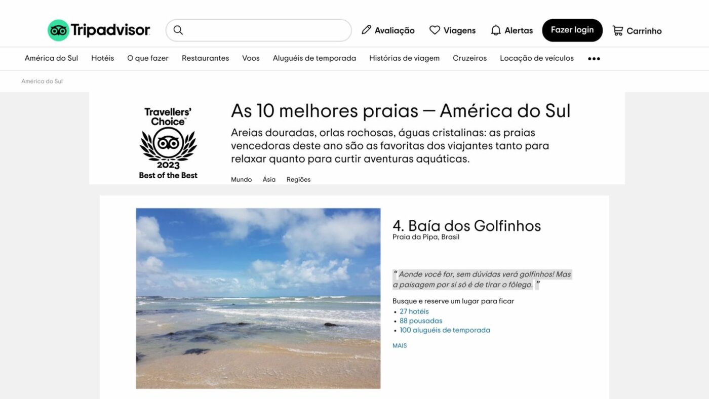 Baía dos Golfinhos, na Praia da Pipa, é eleita uma das 10 praias mais bonitas da América do Sul