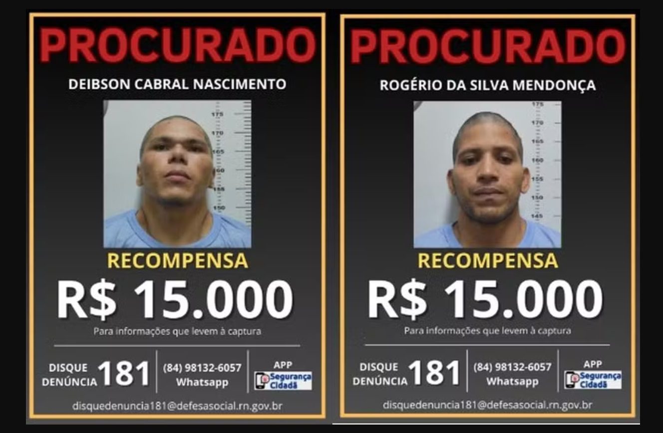 Três pessoas já foram presas sob suspeita de ajudar na fuga dos dois detentos em Mossoró. Valor é de R$ 15 mil por cabeça.