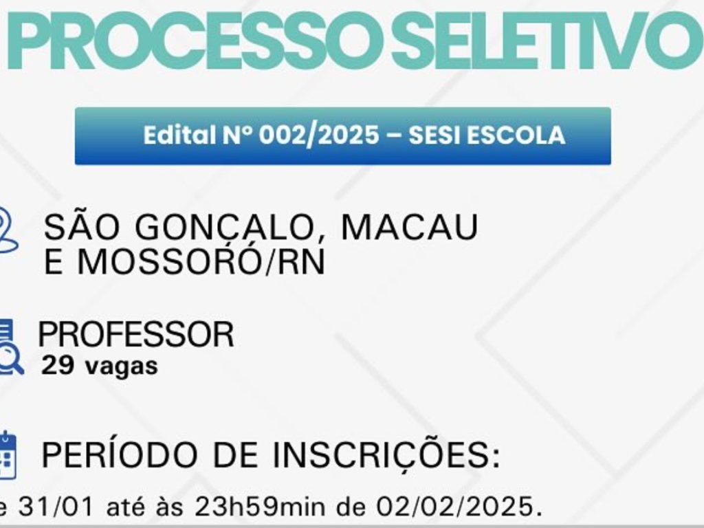 SESI-RN abre processo seletivo para professores em diversas cidades do estado