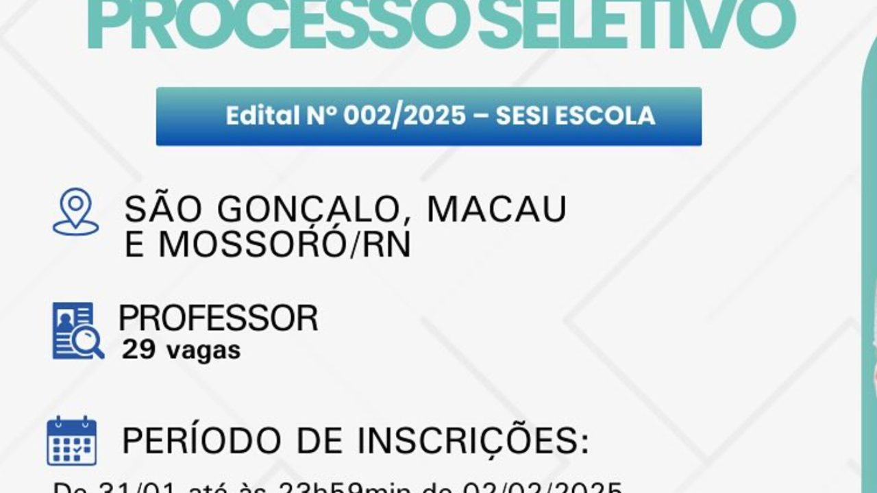 SESI-RN abre processo seletivo para professores em diversas cidades do estado