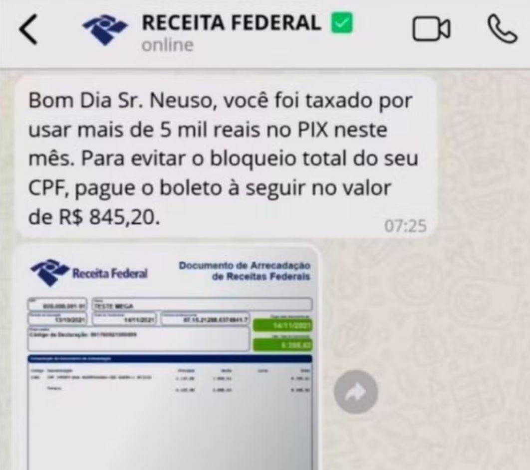 Receita Federal alerta para tentativa de golpe com falsa cobrança de taxa sobre o Pix