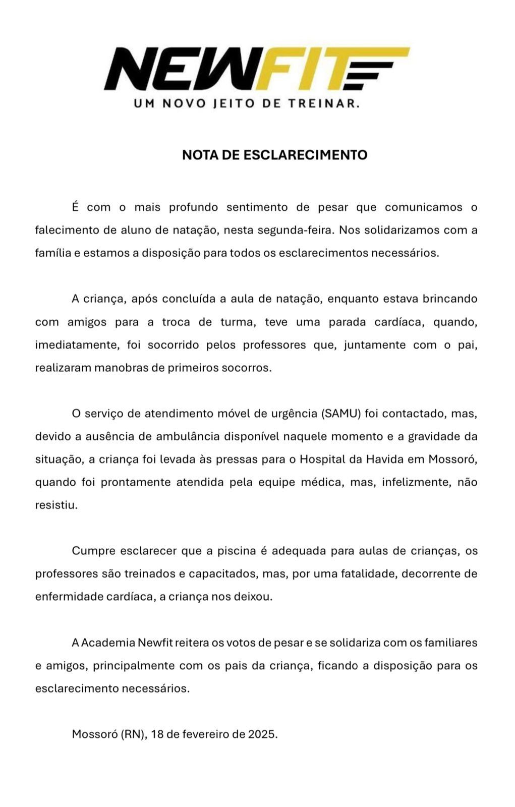 Criança de 9 anos morre durante aula de natação em academia de Mossoró