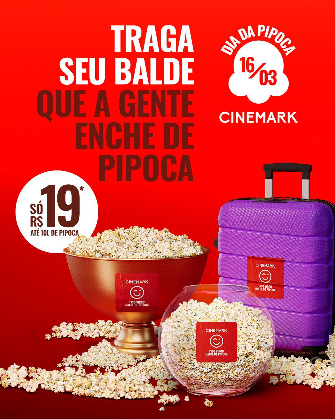 Cinemark lança campanha "Traga Seu Balde": leve seu recipiente e encha com 10L de pipoca por R$ 19