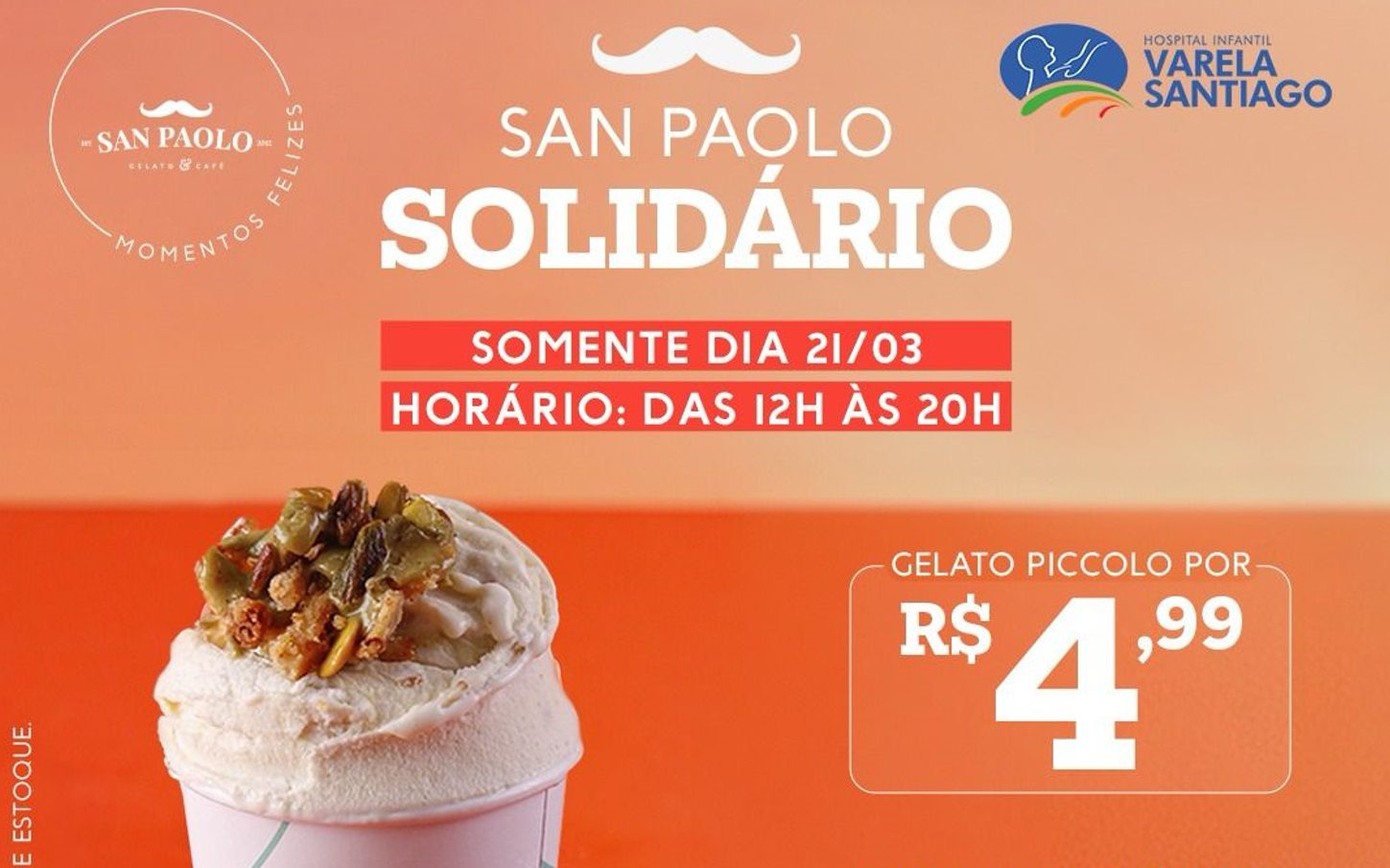 San Paolo promove ação solidária com gelato a R$ 4,99 em prol do Hospital Infantil Varela Santiago